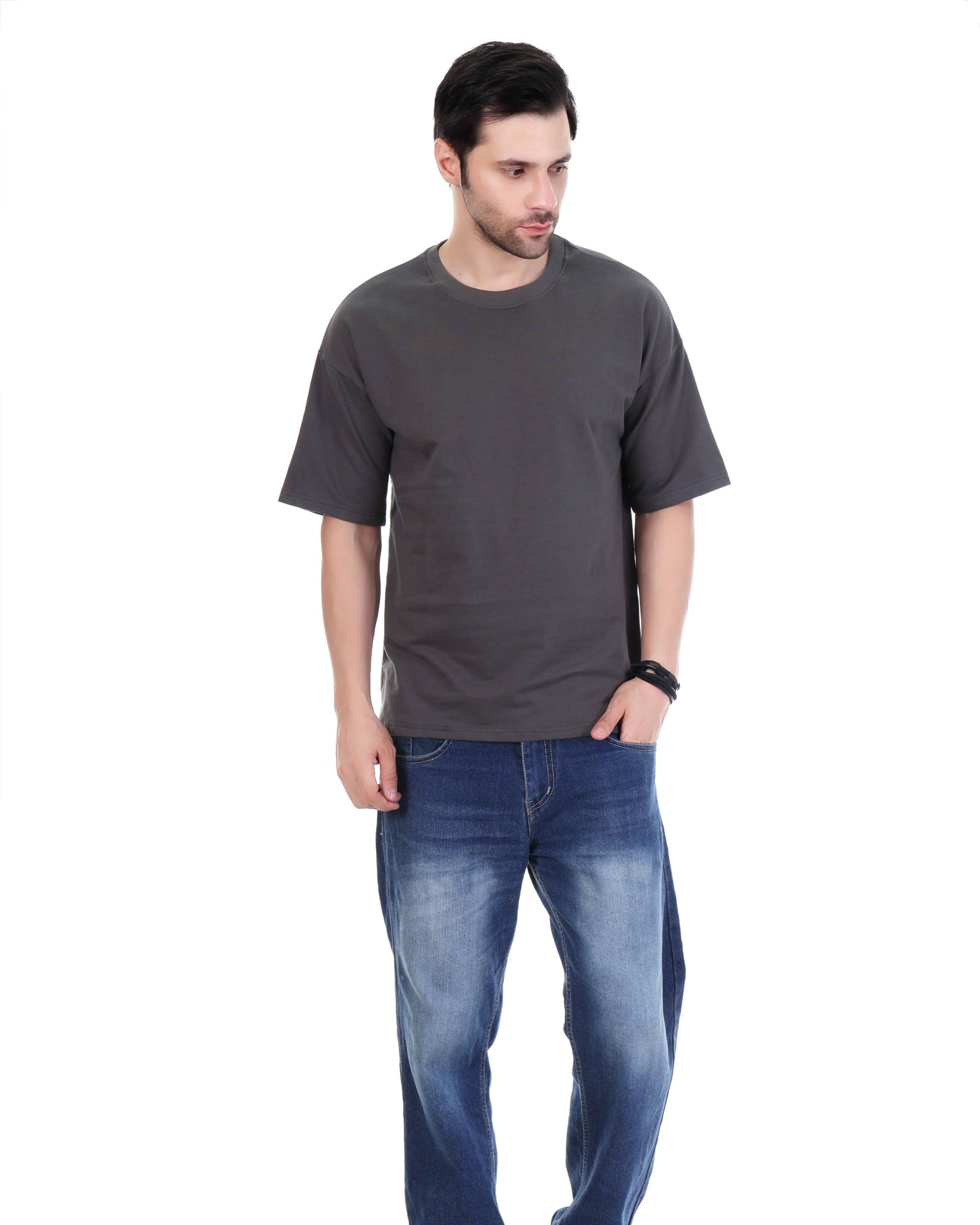 Men Solid Crew Neck Pure Cotton Gray  Oversize  T-Shirt